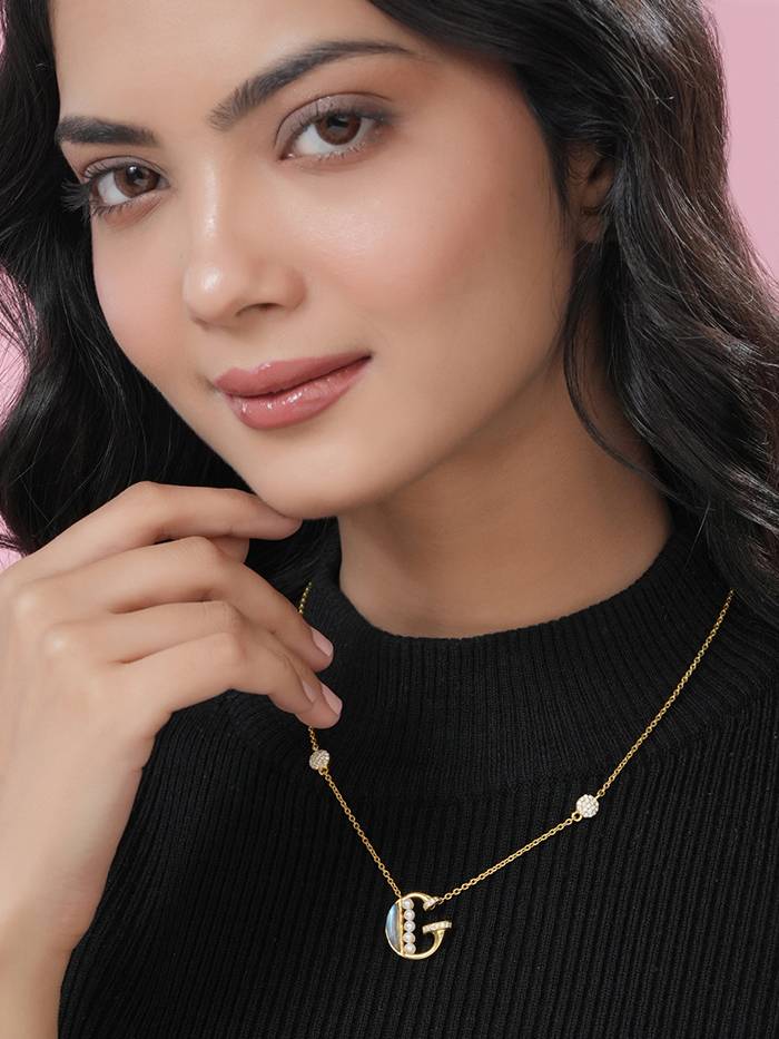 925 Sterling Silver Moissanite & Labradorite Studded 'G' Alphabet Pendant With Chain : SILSNP007