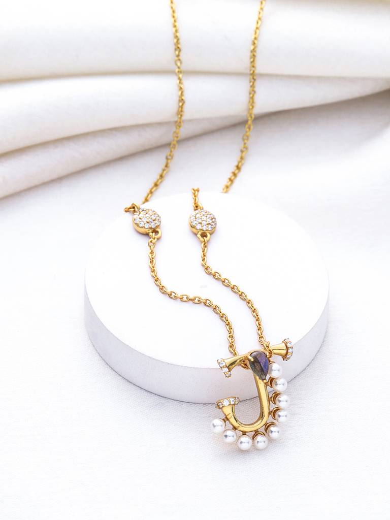 925 Sterling Silver Moissanite & Labradorite Studded 'J' Alphabet Pendant With Chain : SILSNP010