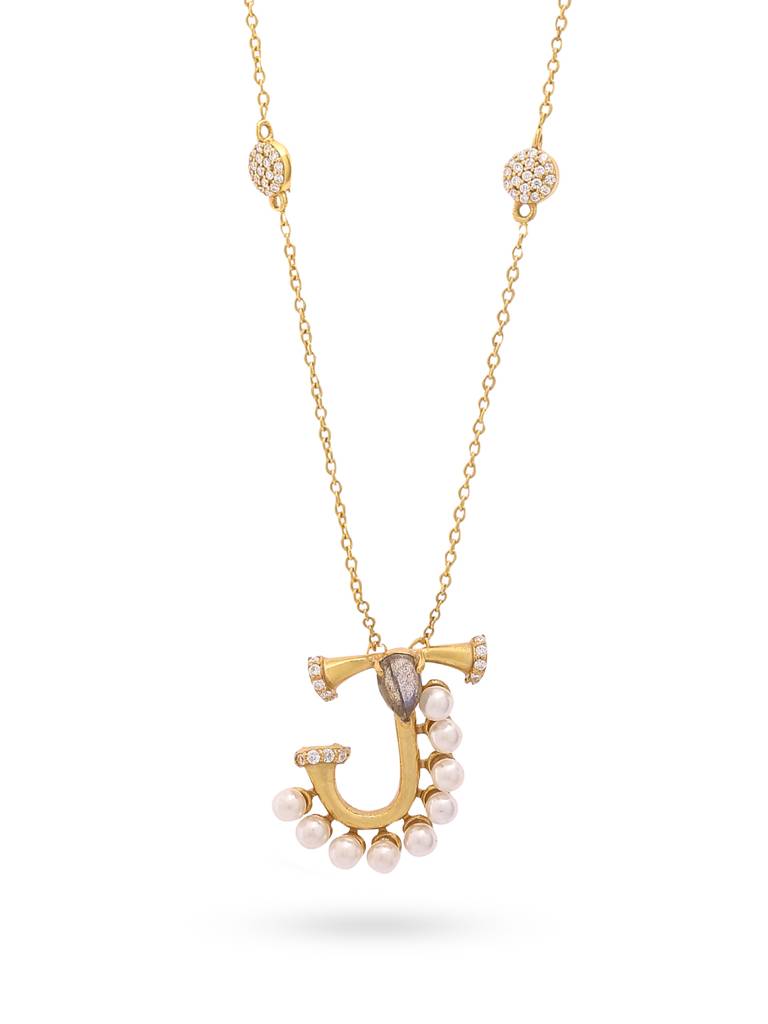 925 Sterling Silver Moissanite & Labradorite Studded 'J' Alphabet Pendant With Chain : SILSNP010