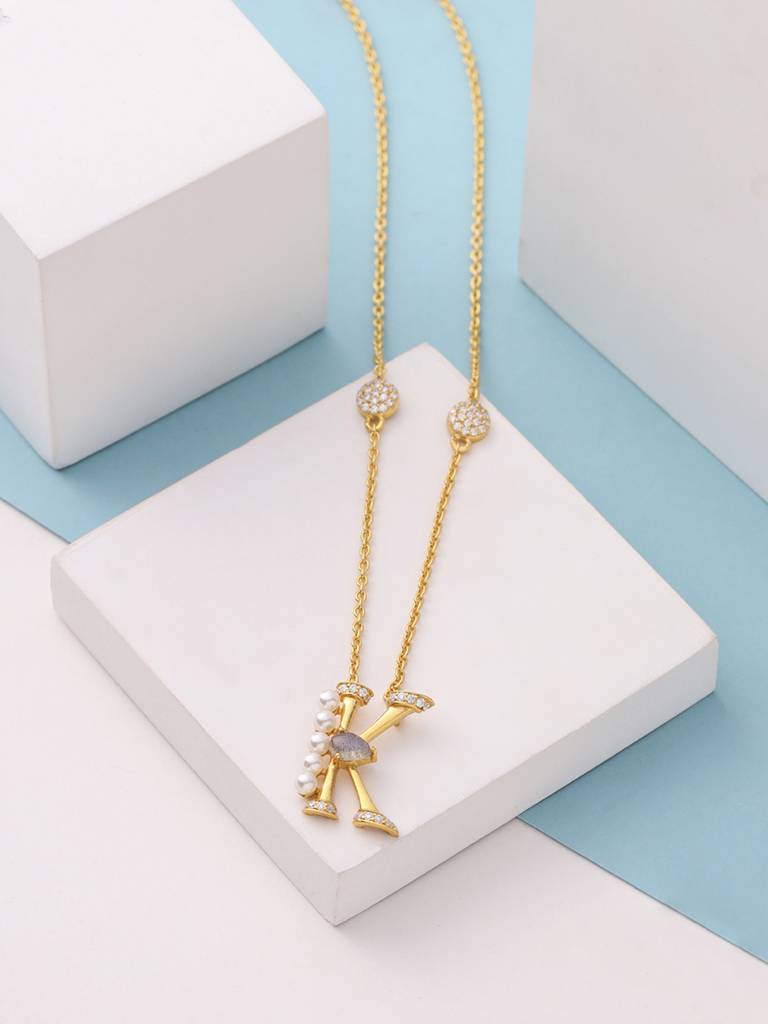 925 Sterling Silver Moissanite Labradorite Studded 'K' Alphabet