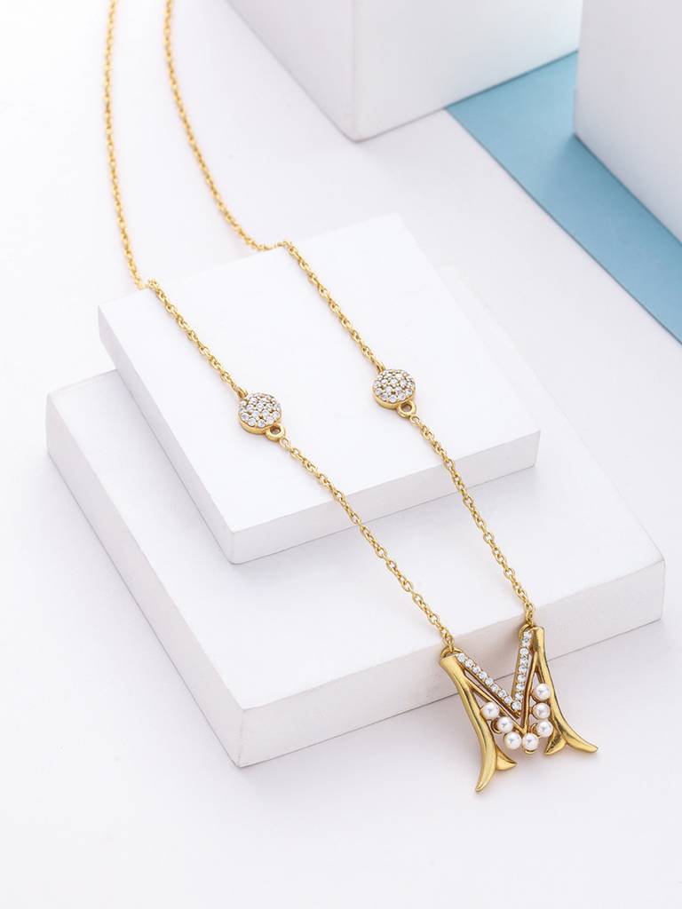 925 Sterling Silver Moissanite & Labradorite Studded 'M' Alphabet Pendant With Chain : SILSNP013