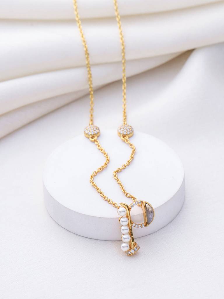925 Sterling Silver Moissanite & Labradorite Studded 'P' Alphabet Pendant With Chain : SILSNP016