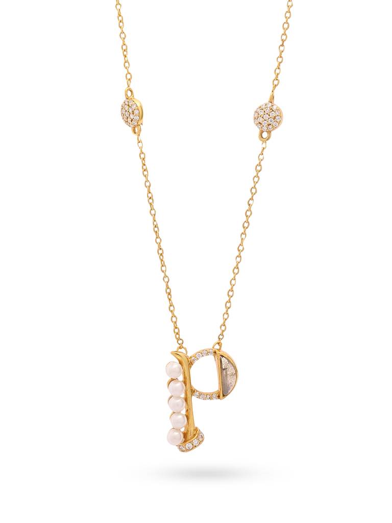 925 Sterling Silver Moissanite & Labradorite Studded 'P' Alphabet Pendant With Chain : SILSNP016