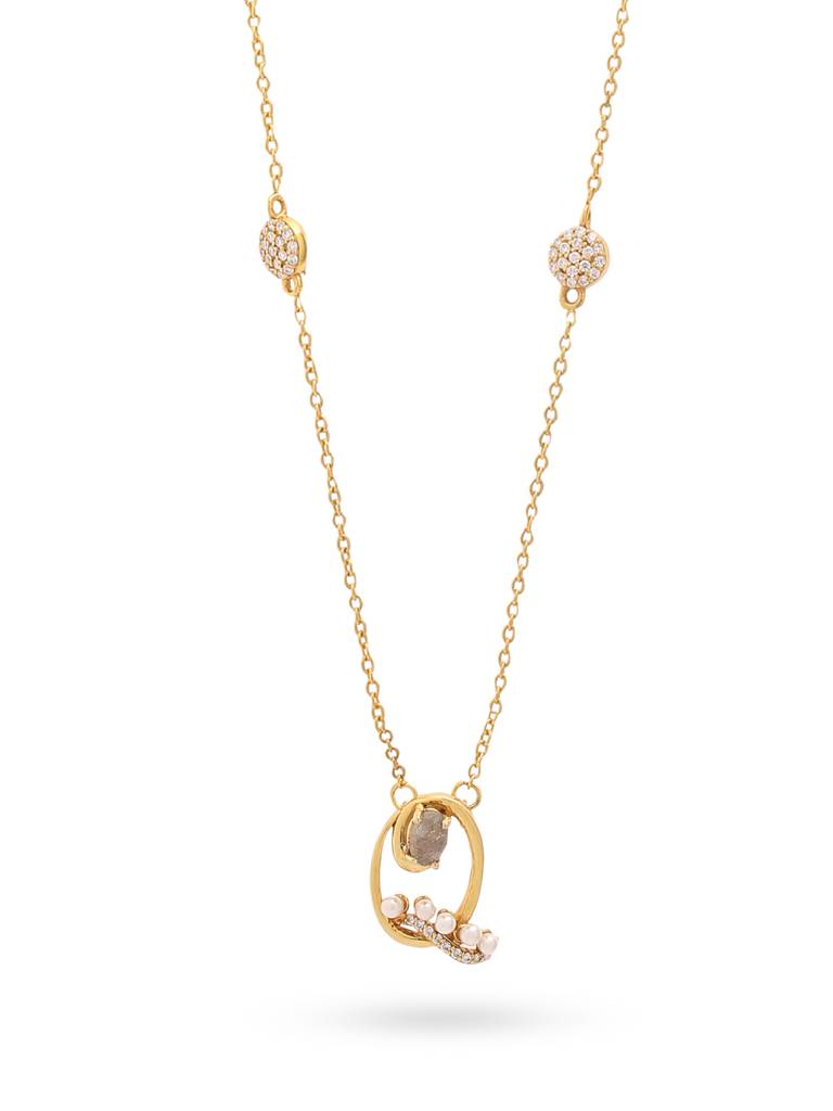 925 Sterling Silver Moissanite & Labradorite Studded 'Q' Alphabet Pendant With Chain : SILSNP017