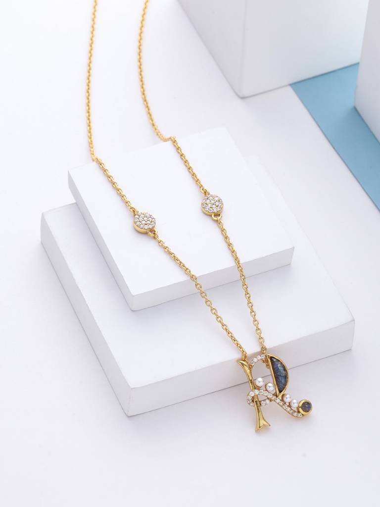 925 Sterling Silver Moissanite & Labradorite Studded 'R' Alphabet Pendant With Chain : SILSNP018