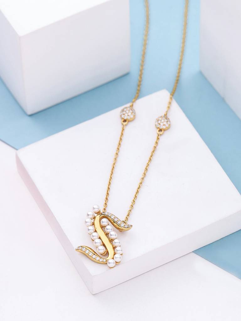 925 Sterling Silver Moissanite & Labradorite Studded 'S' Alphabet Pendant With Chain : SILSNP019