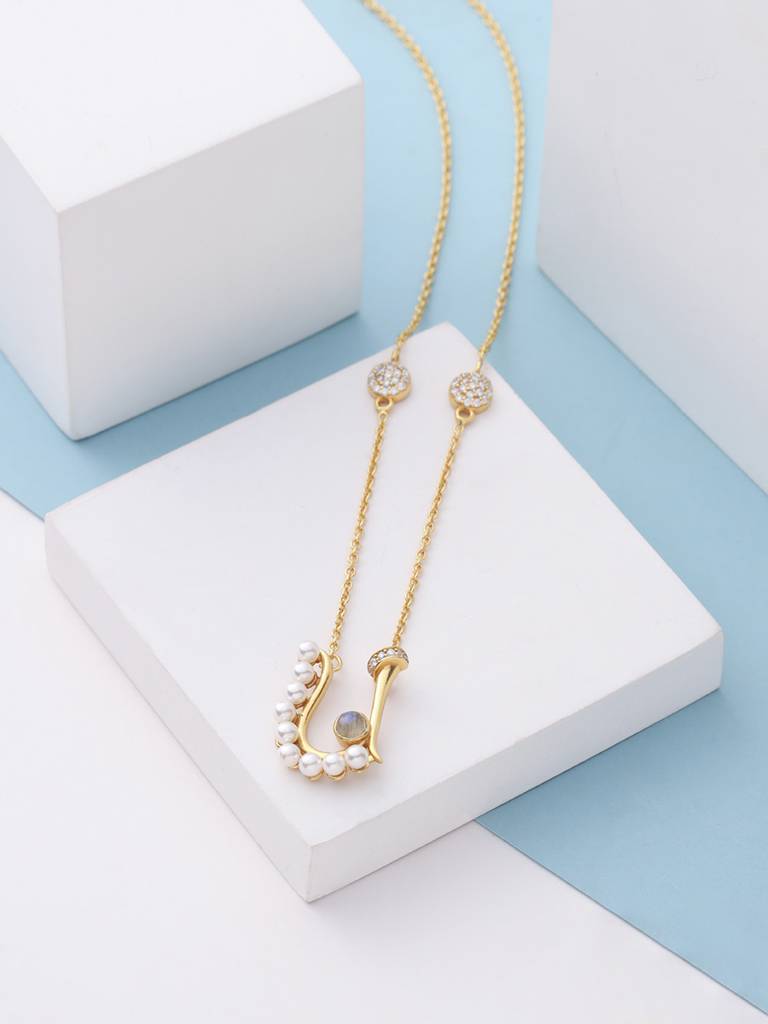 925 Sterling Silver Moissanite & Labradorite Studded 'U' Alphabet Pendant With Chain : SILSNP021