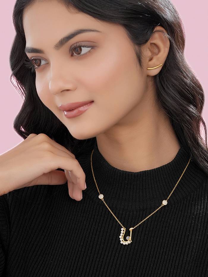 925 Sterling Silver Moissanite & Labradorite Studded 'U' Alphabet Pendant With Chain : SILSNP021