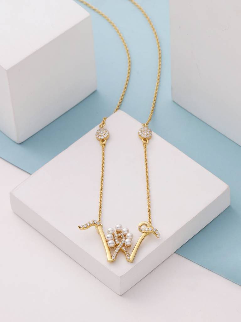 925 Sterling Silver Moissanite & Labradorite Studded 'W' Alphabet Pendant With Chain : SILSNP023