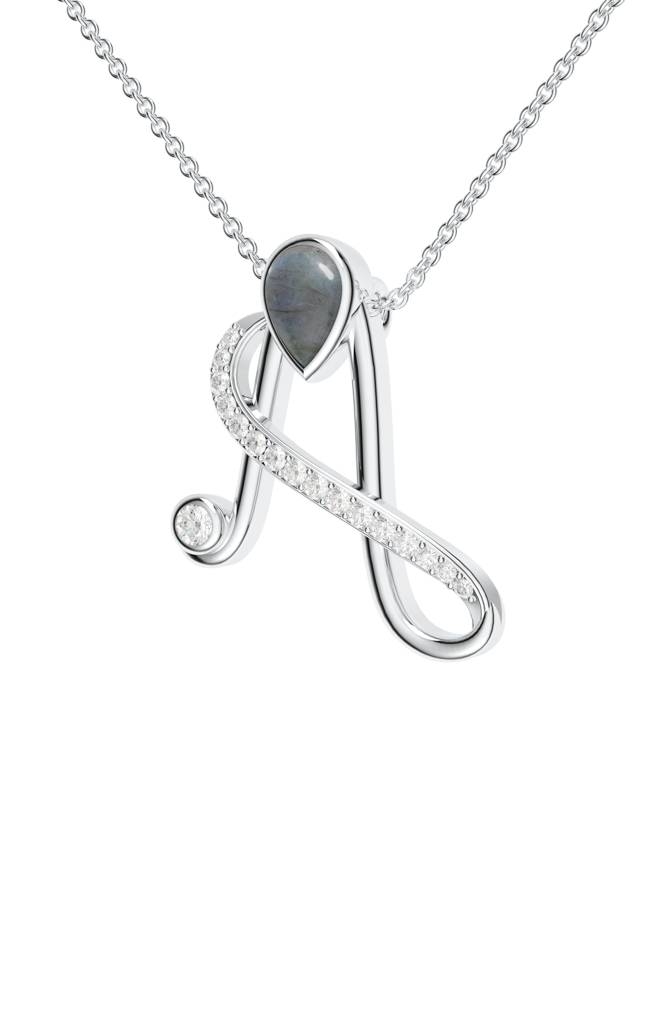 Kicky And Perky 925 Sterling Silver Rhodium-Plated Labradorite & Moissanite Studded Alphabet Pendant With Chain : SILSNP027_S