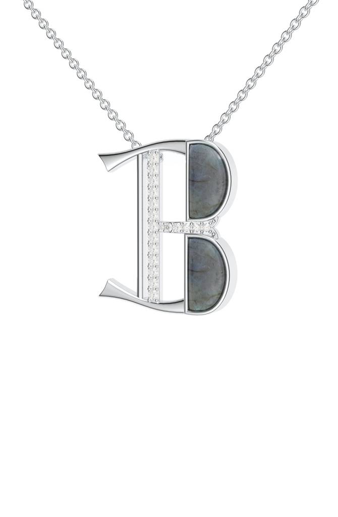 Kicky And Perky 925 Sterling Silver Rhodium-Plated Labradorite & Moissanite Studded Alphabet Pendant With Chain : SILSNP028_S