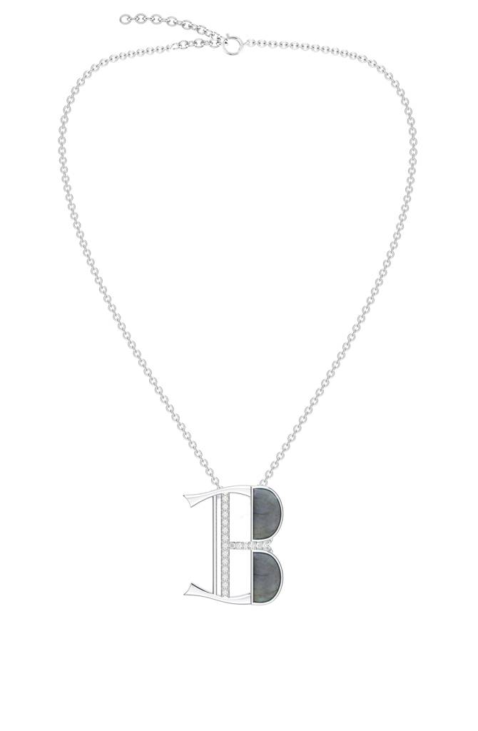 Kicky And Perky 925 Sterling Silver Rhodium-Plated Labradorite & Moissanite Studded Alphabet Pendant With Chain : SILSNP028_S