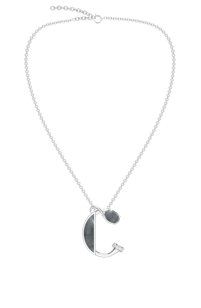 Kicky And Perky 925 Sterling Silver Rhodium-Plated Labradorite & Moissanite Studded Alphabet Pendant With Chain : SILSNP029_S