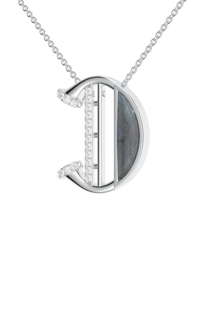 Kicky And Perky 925 Sterling Silver Rhodium-Plated Labradorite & Moissanite Studded Alphabet Pendant With Chain : SILSNP030_S