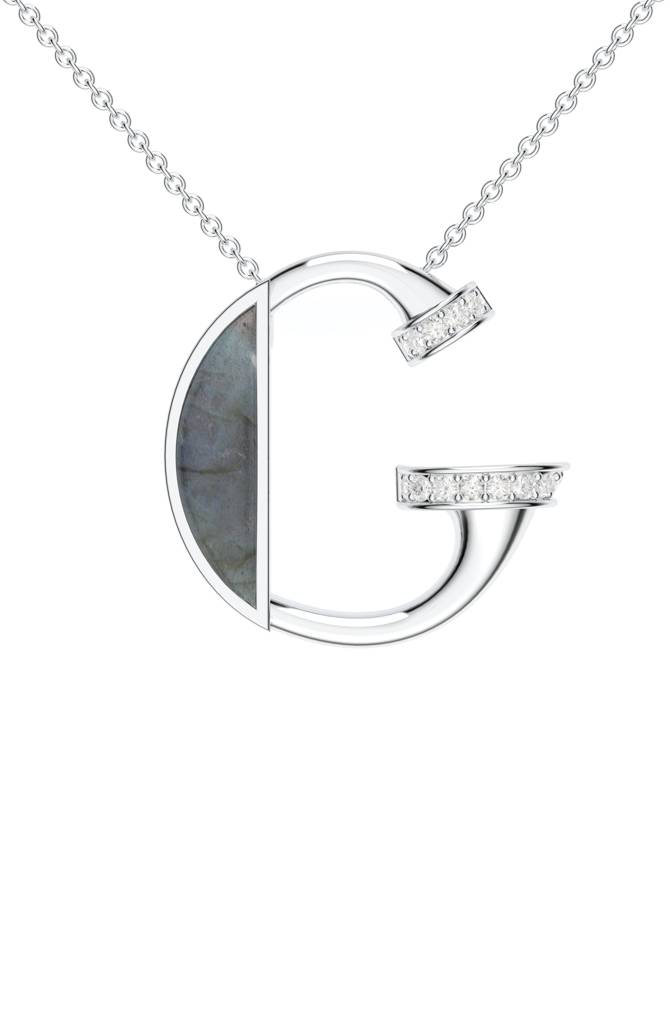 Kicky And Perky 925 Sterling Silver Rhodium-Plated Labradorite & Moissanite Studded Alphabet Pendant With Chain : SILSNP033_S