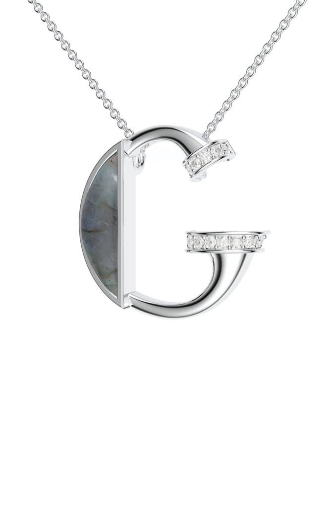 Kicky And Perky 925 Sterling Silver Rhodium-Plated Labradorite & Moissanite Studded Alphabet Pendant With Chain : SILSNP033_S