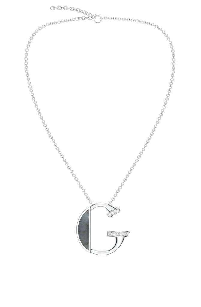 Kicky And Perky 925 Sterling Silver Rhodium-Plated Labradorite & Moissanite Studded Alphabet Pendant With Chain : SILSNP033_S