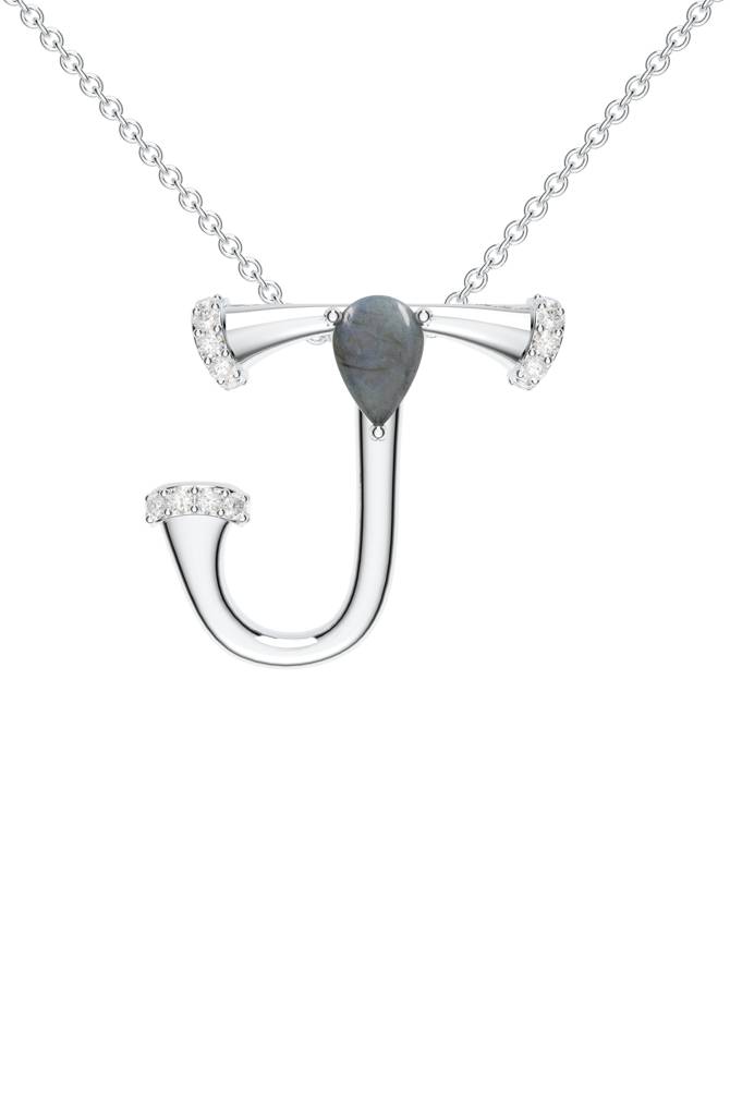 Kicky And Perky 925 Sterling Silver Rhodium-Plated Labradorite & Moissanite Studded Alphabet Pendant With Chain : SILSNP036_S