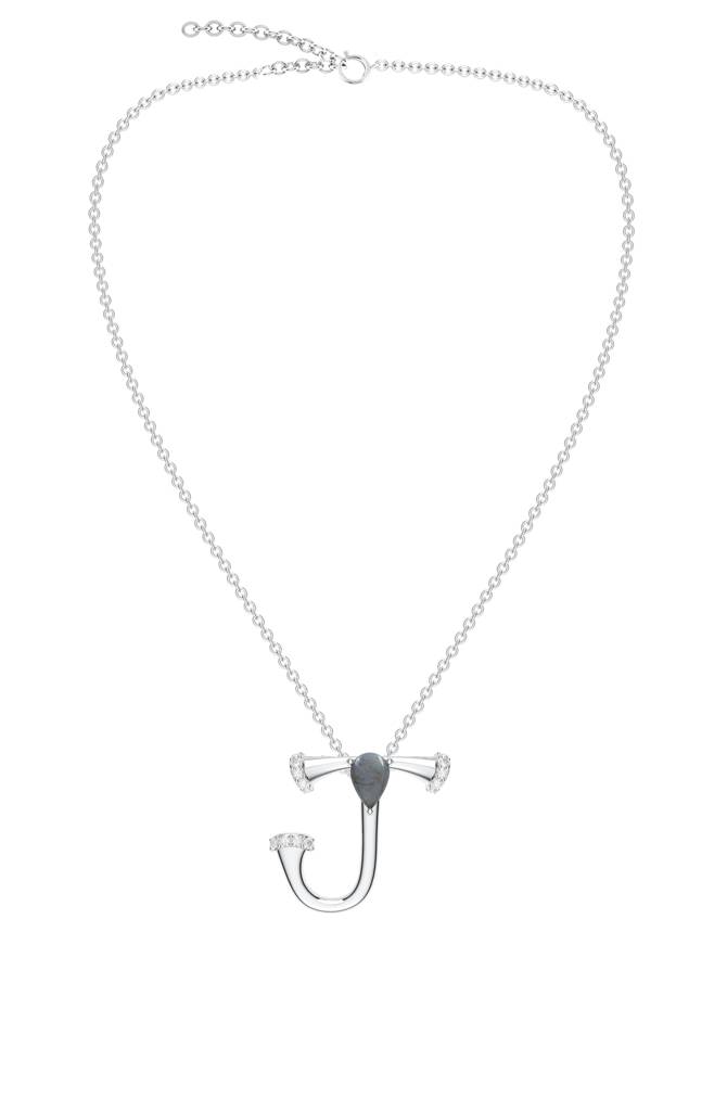 Kicky And Perky 925 Sterling Silver Rhodium-Plated Labradorite & Moissanite Studded Alphabet Pendant With Chain : SILSNP036_S