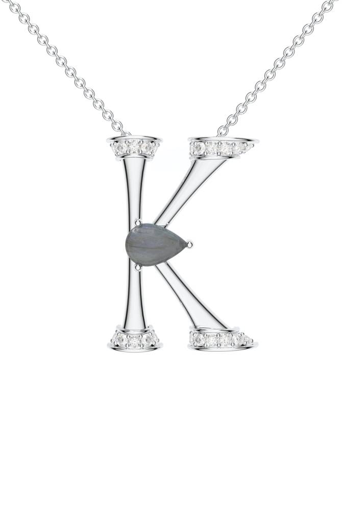 Kicky And Perky 925 Sterling Silver Rhodium-Plated Labradorite & Moissanite Studded Alphabet Pendant With Chain : SILSNP037_S