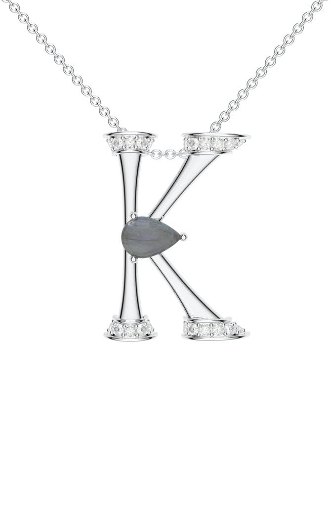 Kicky And Perky 925 Sterling Silver Rhodium-Plated Labradorite & Moissanite Studded Alphabet Pendant With Chain : SILSNP037_S