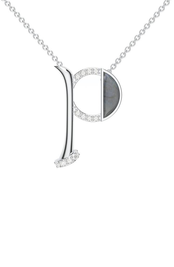 Kicky And Perky 925 Sterling Silver Rhodium-Plated Labradorite & Moissanite Studded Alphabet Pendant With Chain : SILSNP042_S