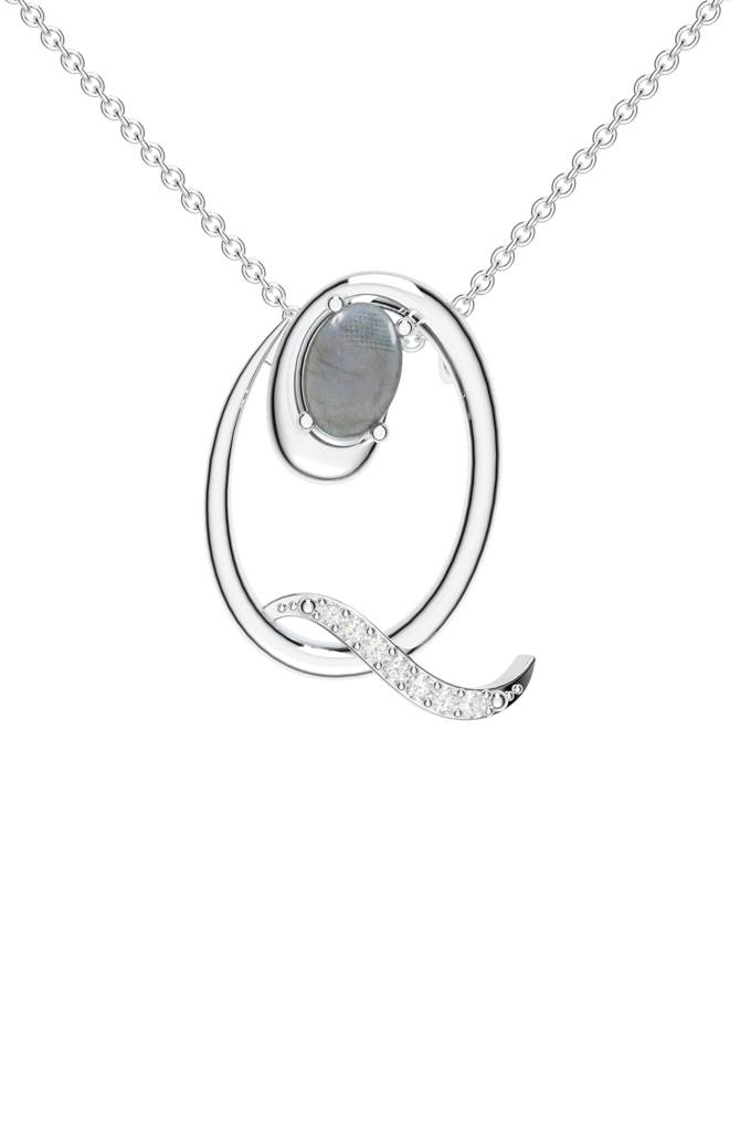 Kicky And Perky 925 Sterling Silver Rhodium-Plated Labradorite & Moissanite Studded Alphabet Pendant With Chain : SILSNP043_S