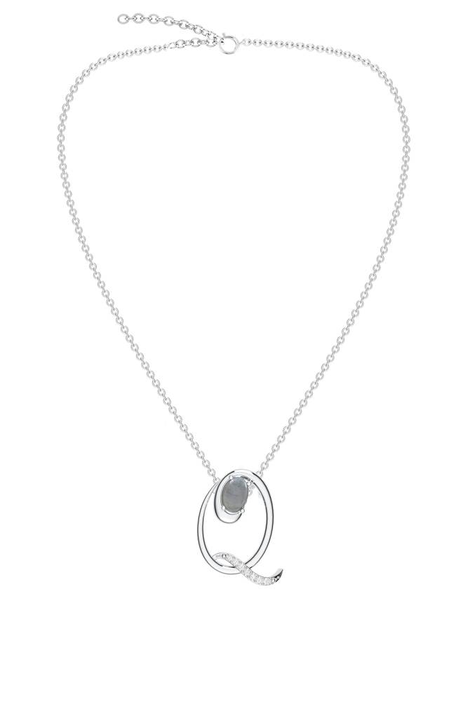Kicky And Perky 925 Sterling Silver Rhodium-Plated Labradorite & Moissanite Studded Alphabet Pendant With Chain : SILSNP043_S