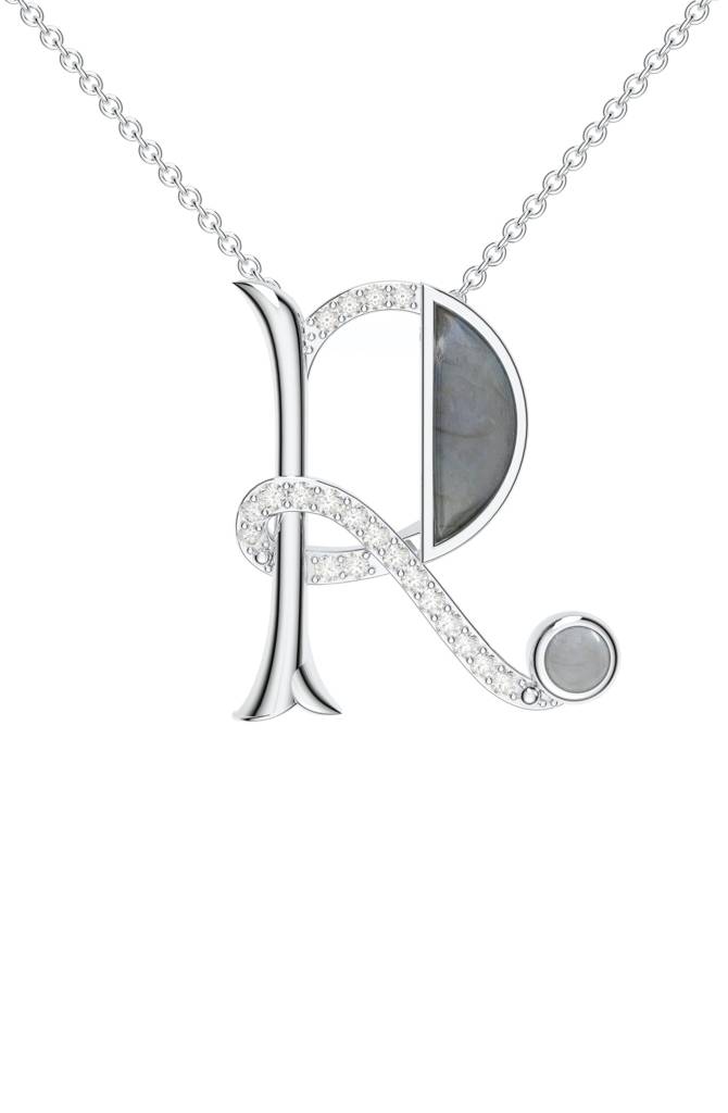 Kicky And Perky 925 Sterling Silver Rhodium-Plated Labradorite & Moissanite Studded Alphabet Pendant With Chain : SILSNP044_S