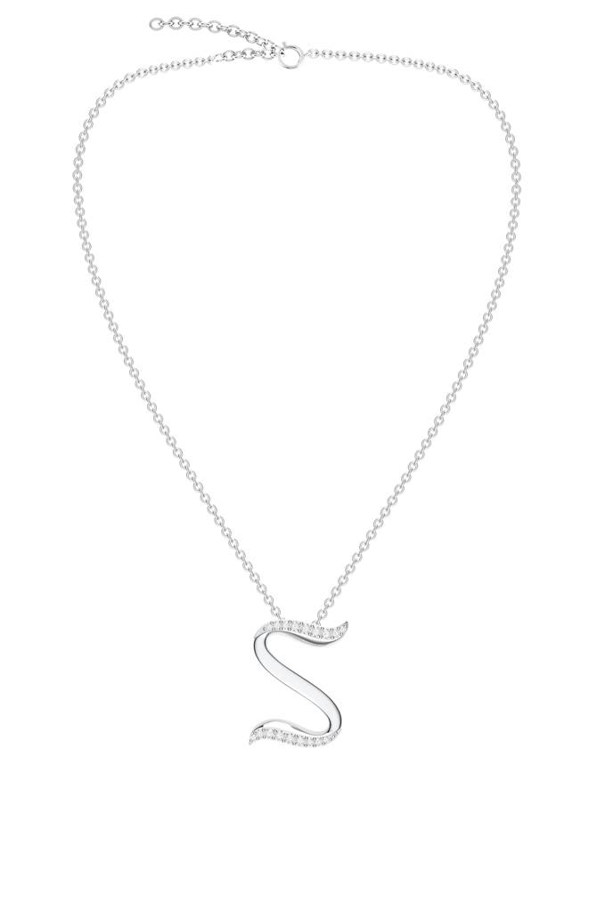 Kicky And Perky 925 Sterling Silver Rhodium-Plated Moissanite Studded Alphabet Pendant With Chain : SILSNP045_S