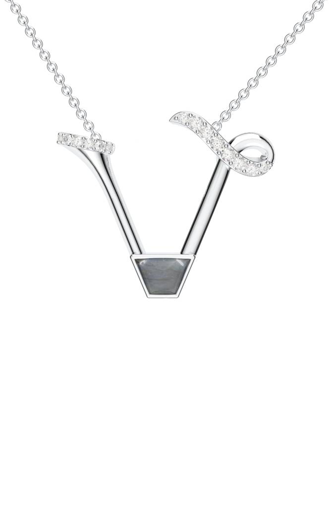 Kicky And Perky 925 Sterling Silver Rhodium-Plated Labradorite & Moissanite Studded Alphabet Pendant With Chain : SILSNP048_S