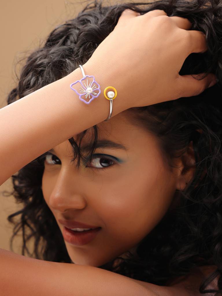 Kicky And Perky 925 Sterling Silver Purple And Yellow Enamel Studded With Pearl Floral Adjustable Cuff For Women : SILSPB002