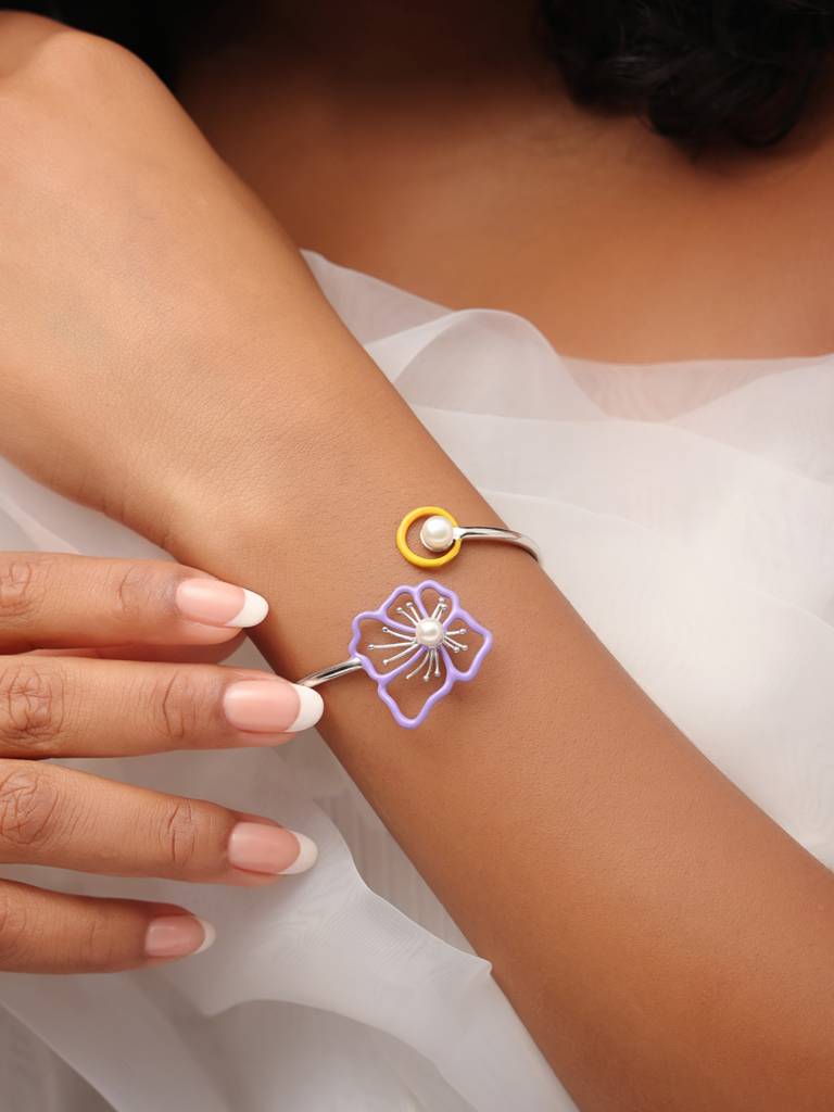 Kicky And Perky 925 Sterling Silver Purple And Yellow Enamel Studded With Pearl Floral Adjustable Cuff For Women : SILSPB002