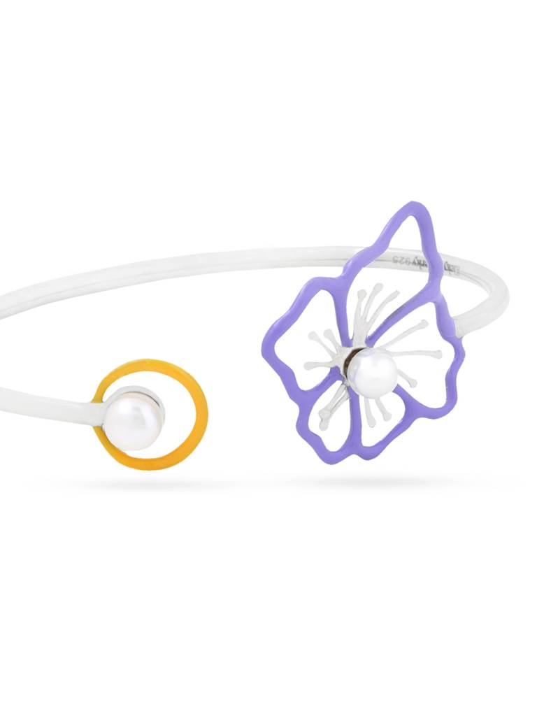 Kicky And Perky 925 Sterling Silver Purple And Yellow Enamel Studded With Pearl Floral Adjustable Cuff For Women : SILSPB002