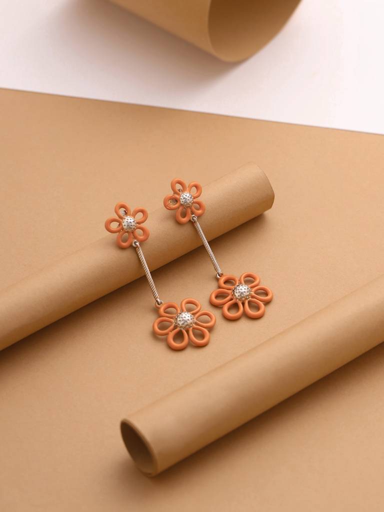 Kicky And Perky 925 Sterling Silver Orange Enamel Dual Floral Dangler Earring For Women : SILSPE007