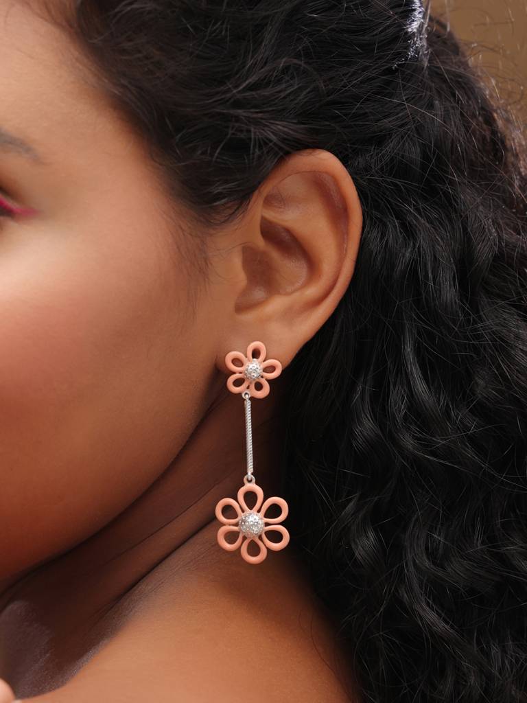 Kicky And Perky 925 Sterling Silver Orange Enamel Dual Floral Dangler Earring For Women : SILSPE007