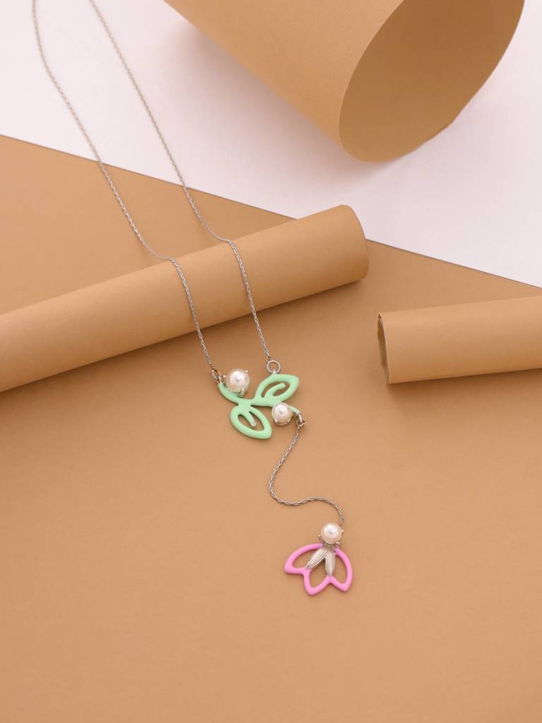 Kicky And Perky 925 Sterling Silver Green And Pink Enamel Floral Dangling Pendant With Chain For Women : SILSPP001