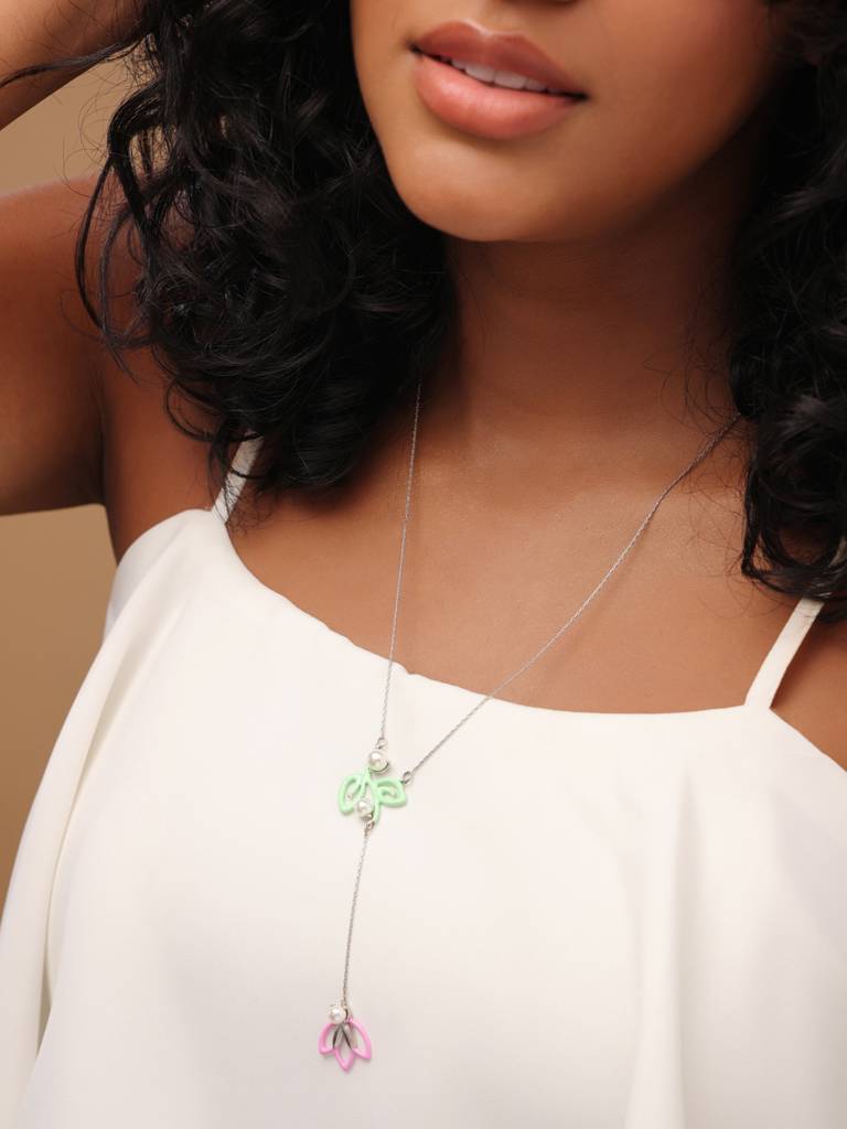 Kicky And Perky 925 Sterling Silver Green And Pink Enamel Floral Dangling Pendant With Chain For Women : SILSPP001