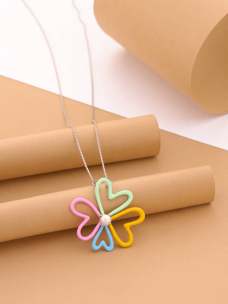 Kicky And Perky 925 Sterling Silver Multicolor Enamel Floral Pendant With Chain For Women : SILSPP002