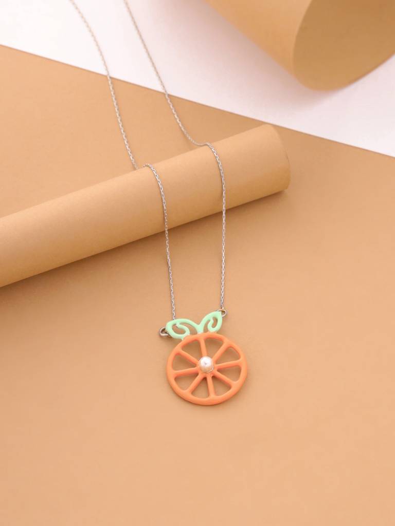 Kicky And Perky 925 Sterling Silver Orange And Green Enamel Orange Pendant With Chain For Women : SILSPP003