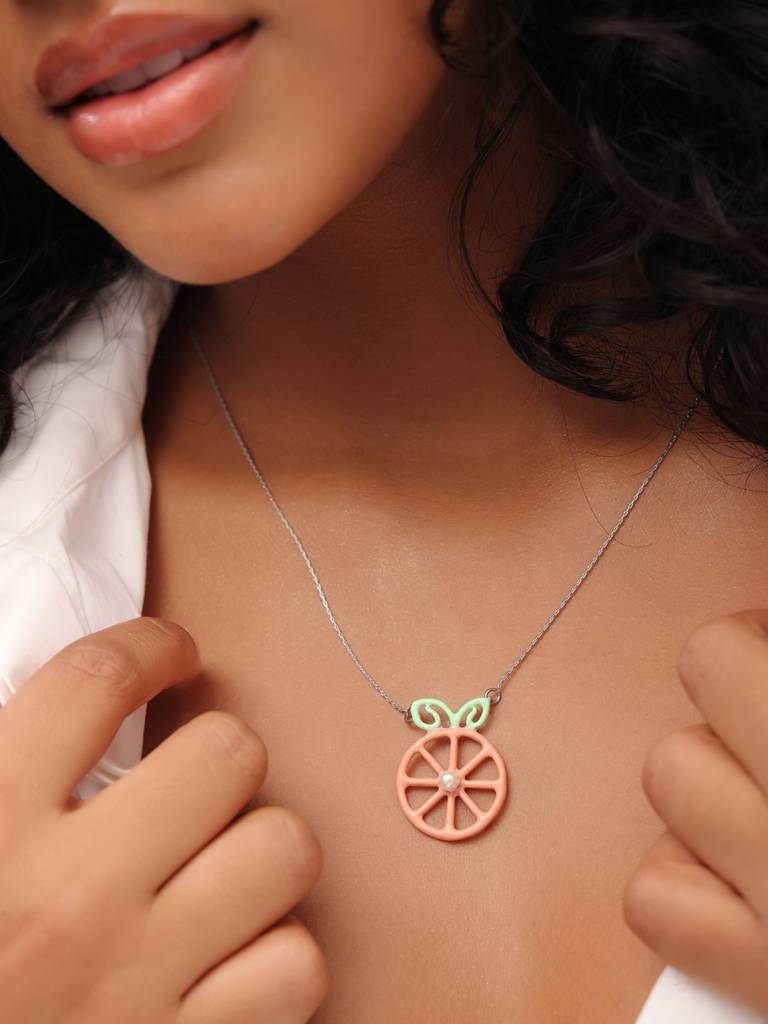 Kicky And Perky 925 Sterling Silver Orange And Green Enamel Orange Pendant With Chain For Women : SILSPP003
