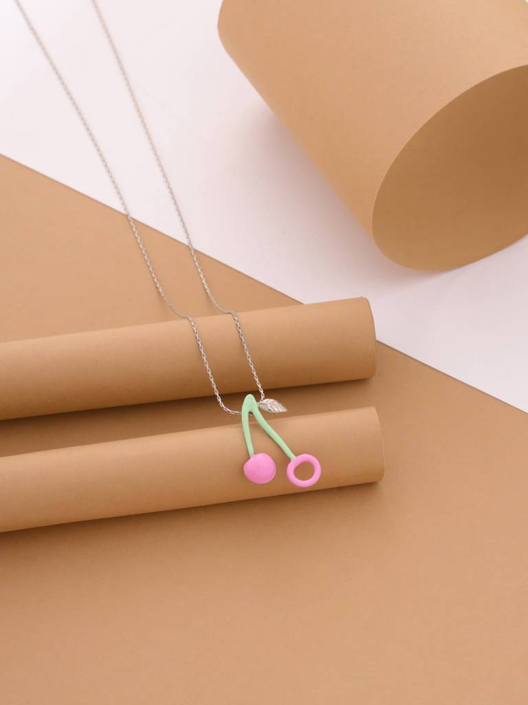 Kicky And Perky 925 Sterling Silver Pink And Green Enamel Cherry Pendant With Chain For Women : SILSPP004
