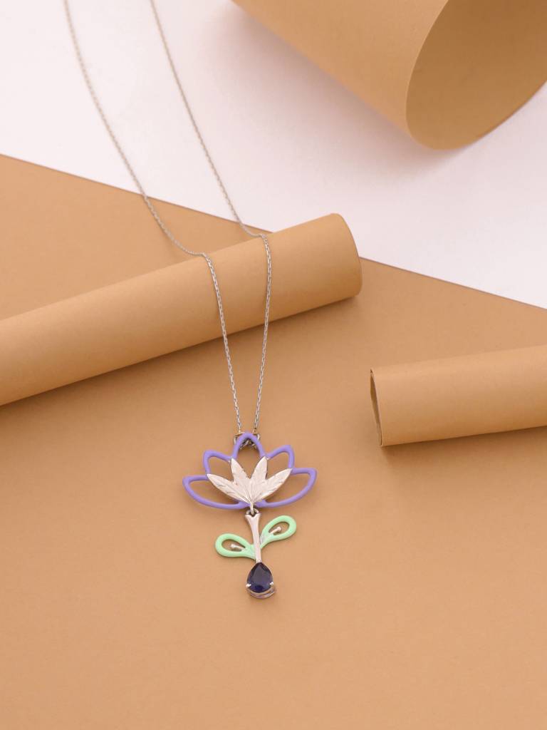 Kicky And Perky 925 Sterling Silver Purple And Green Enamel Floral Pendant With Chain For Women : SILSPP006