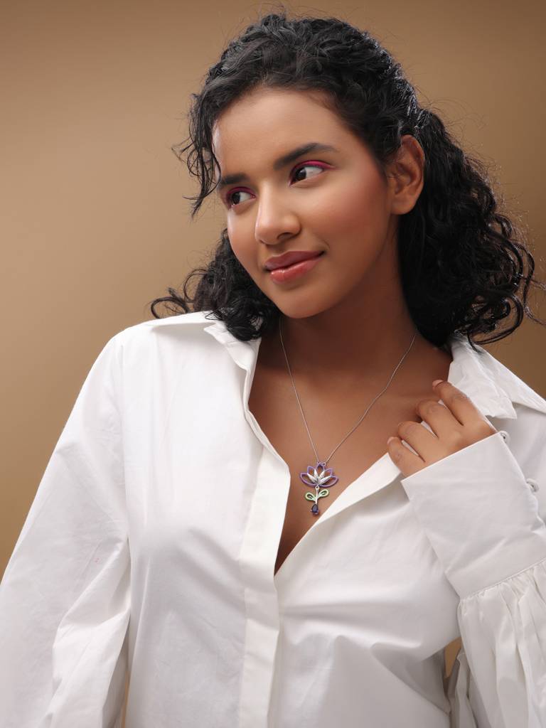 Kicky And Perky 925 Sterling Silver Purple And Green Enamel Floral Pendant With Chain For Women : SILSPP006