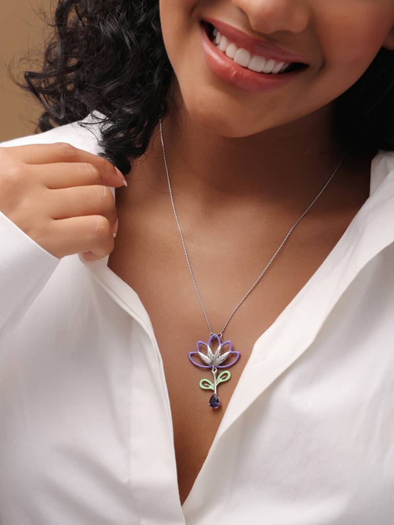 Kicky And Perky 925 Sterling Silver Purple And Green Enamel Floral Pendant With Chain For Women : SILSPP006