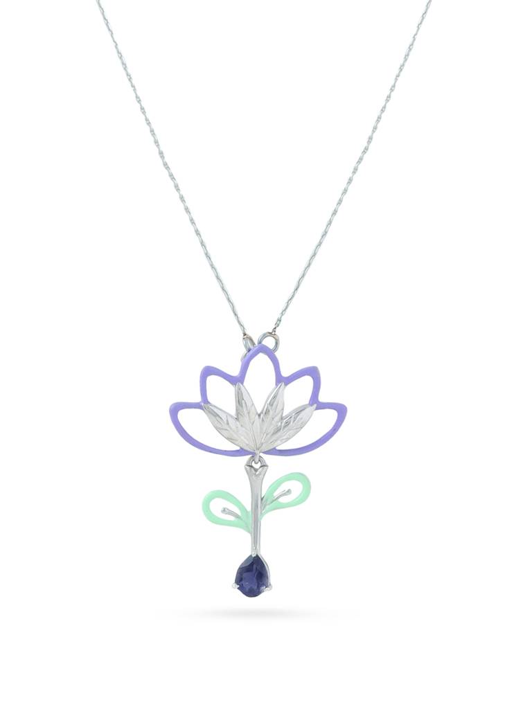 Kicky And Perky 925 Sterling Silver Purple And Green Enamel Floral Pendant With Chain For Women : SILSPP006