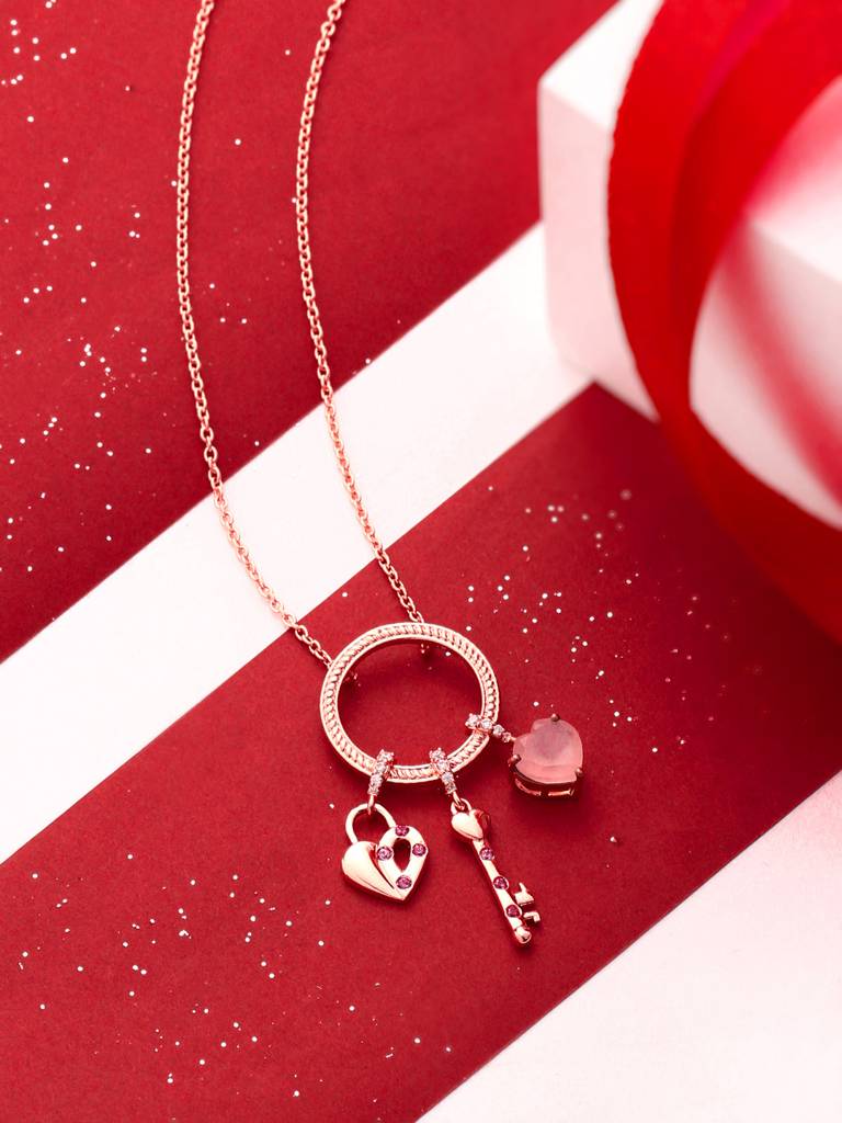 Kicky And Perky 925 Sterling Silver Rose Gold Plated Lock And Key Charm  With Pink Calcedony Heart Stone Pendant With Chain For Women  Sterling - Main Image