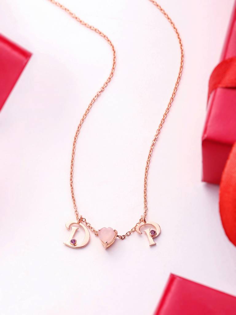 Kicky And Perky 925 Sterling Silver Rose Gold Plated Personalised Initial With Heart Shape Pink Calcedony Stone P : SILVALP019