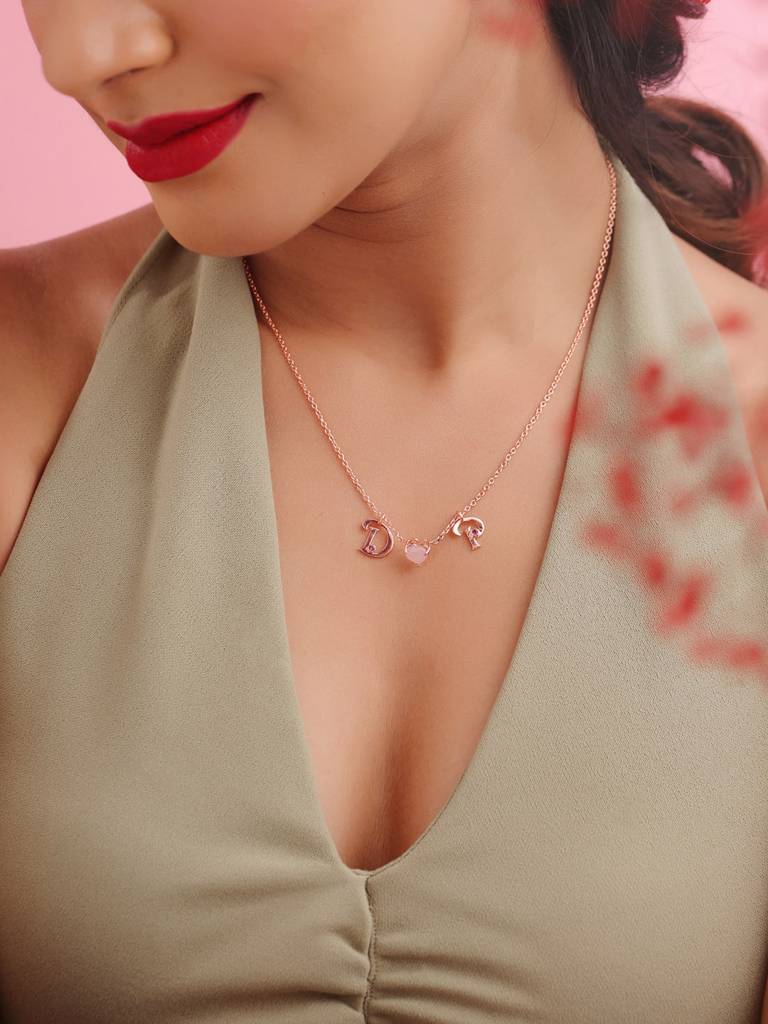 Kicky And Perky 925 Sterling Silver Rose Gold Plated Personalised Initial With Heart Shape Pink Calcedony Stone P : SILVALP019