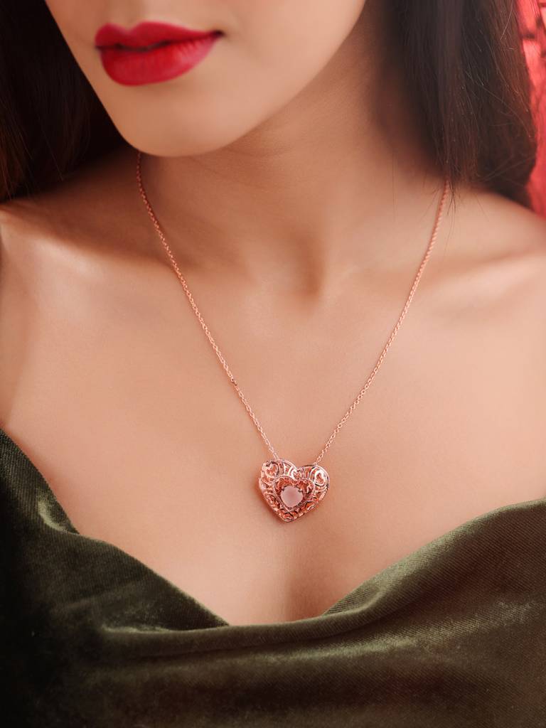 Kicky And Perky 925 Sterling Silver Rose Gold Plated Heart Shape With Abstract Jaali And Pink Calcedony Heart Sha : SILVALP021